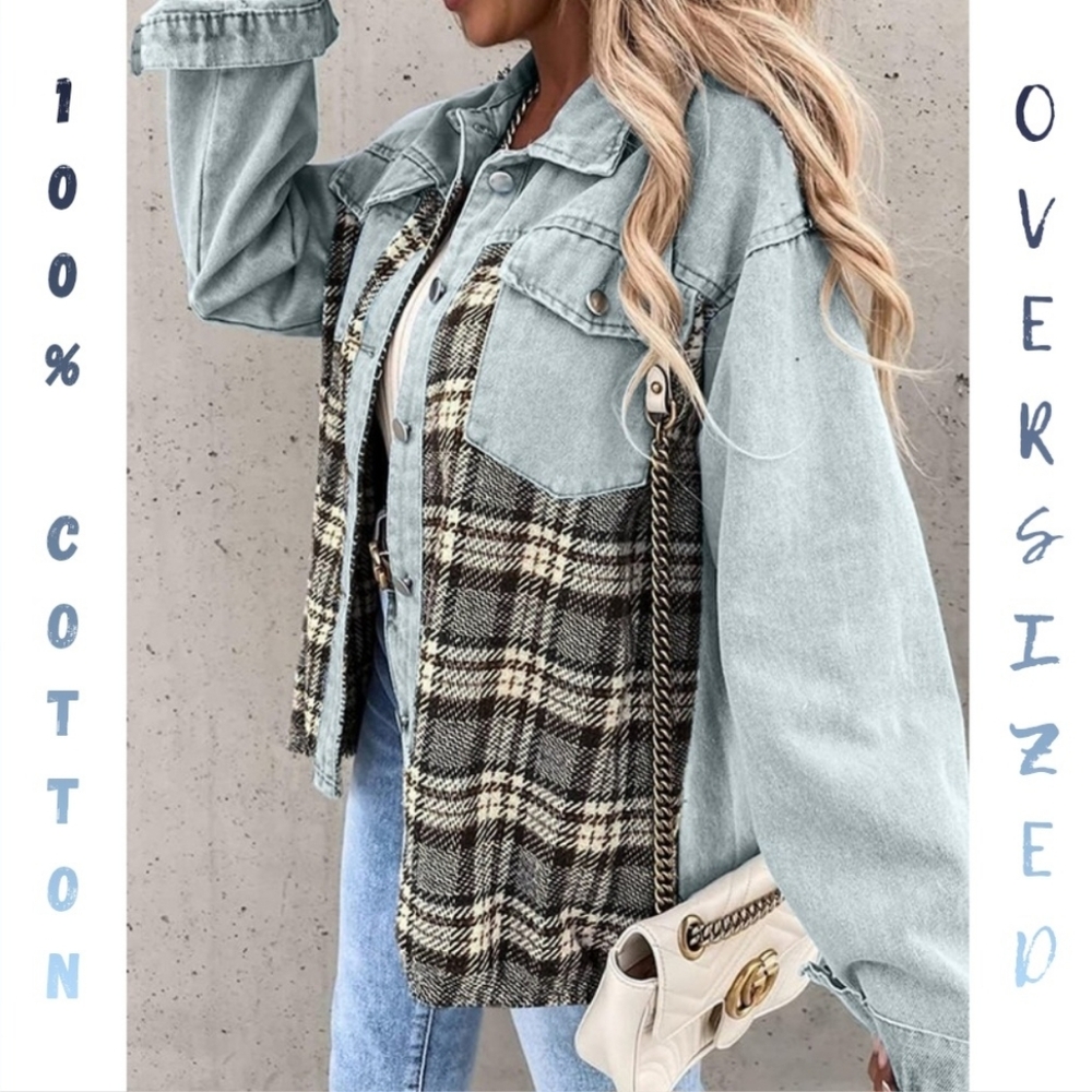 100% Cotton Sky Denim Plaid Contrast Jacket